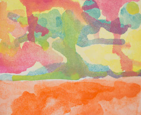 Multicolored watercolor stains. Watercolor splash on paper as an abstract background. Green, yellow, blue, orange and pink shades in a gradient.の写真素材