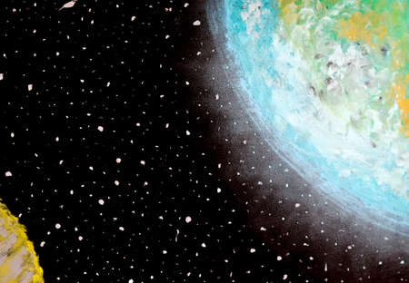 Painting the earth and the moon in space. Abstract space with stars and a beautiful earthy atmosphere in blue. Illustration of the moon with craters and a view of the earth.の写真素材