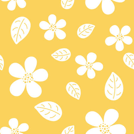 Vector seamless pattern with hand drawn flowers and leaves. White elements on a yellow background. Can be used for wallpaper, gift wrapping, fabric and other materials.のイラスト素材