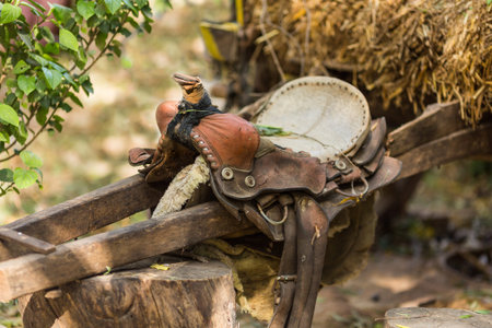 Old leather saddle with braided lies a cart with strawの写真素材