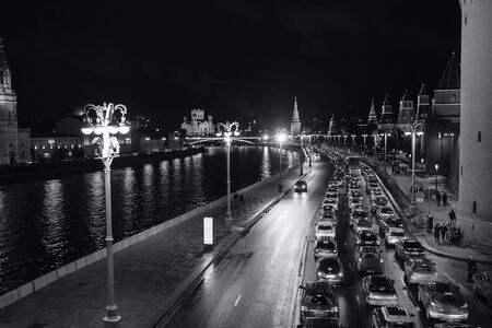 MOSCOW - JANUARY 02, 2017: Moscow Kremlin at night. Bridge over the Moscow river. Black and white photographyのeditorial素材