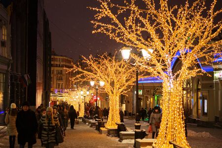 MOSCOW - JANUARY 05, 2017: Beautiful Christmas and New Year decorations in the center of Moscow. Festivities in the evening cityのeditorial素材