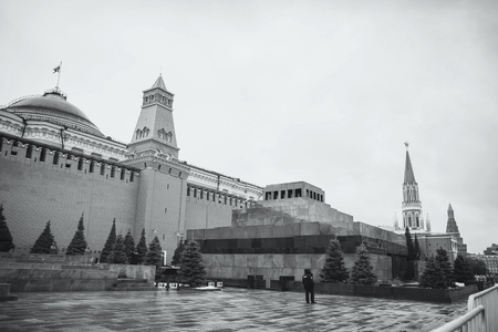 MOSCOW - JANUARY 02, 2017: Moscow Kremlin. Policeman near the Mausoleum on Red Square. Black and white photographyのeditorial素材