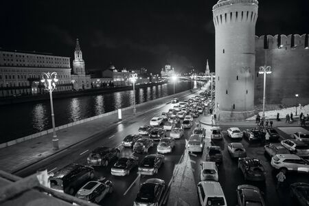 MOSCOW - JANUARY 02, 2017: Traffic jam. Bridge over the Moscow river. Black and white photographyのeditorial素材