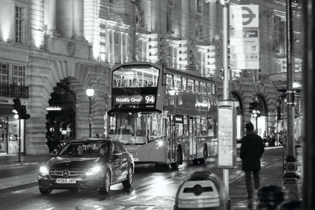 LONDON - NOVEMBER 17, 2016: Piccadilly Circus with red Routemaster diesel-electric hybrid double...