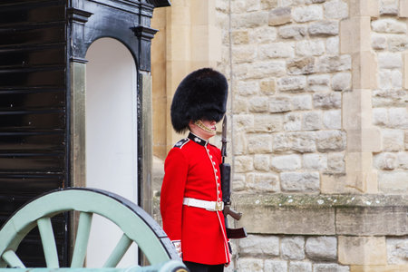 LONDON, UNITED KINGDOM - AUGUST 21, 2017 : Royal Guard at Tower of London, England. British Guards...