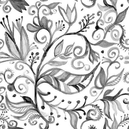Watercolor seamless floral pattern borders. drawing painting background . Backdrop, background, fabric, Wallpaper. Summer abbstract flowers design. Black and whiteの写真素材