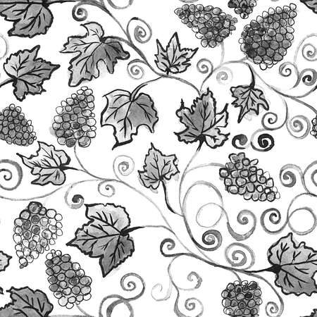 Grape bunches. Seamless pattern. Watercolor painting. Handmade drawing. grapes seamless pattern watercolor. Black and whiteの写真素材