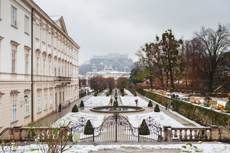 Salzburg, Austria - November 27, 2018: views to hohensalzburg fortress from mirabell gardens at winter landscapeのeditorial素材