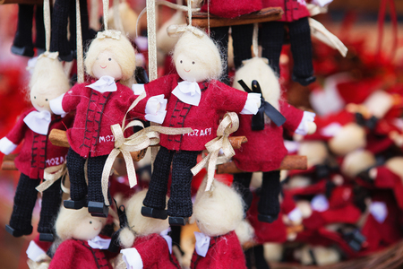 Vienna, Austria - November 25, 2018: Close up of Christmas market stall. Mozart figures at a Christmas market. Merry christmas, cute festive decoration, beautiful toys for new yearのeditorial素材