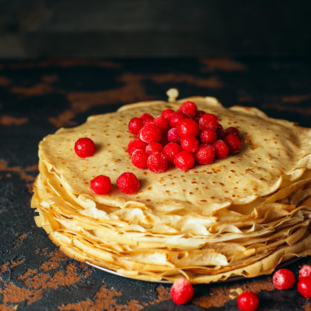 Russian pancakes with berries in front of dark background. Pancake week - the ancient Slavic...