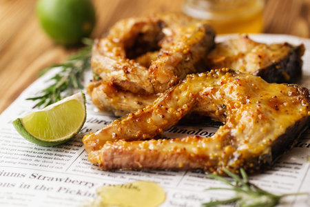 Carp baked in honey mustard sauce. Fried Slices of Big River Fish. Battered fish