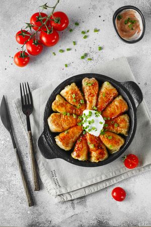 Russian stuffed cabbage rolls served with tomatoes, green onions and sour cream in heat-resistant black dishes on a gray background. Food photography. Flat lay composition.の写真素材