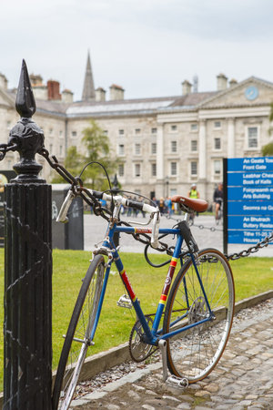 DUBLIN, IRELAND - JUNE 23, 2019: Courtyard Trinity College. Trinity college campus. Bicycle parking