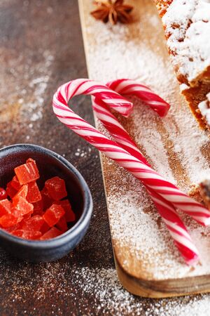 Ingredients and decor for Christmas baking - stollen and cakeの写真素材