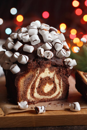 Christmas cake. Chocolate cake cutaway. Christmas baking. Preparations for the holiday. Christmas...