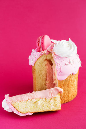 Easter Cake - Russian and Ukrainian Traditional Kulich decorated with macarons and marshmallows on...