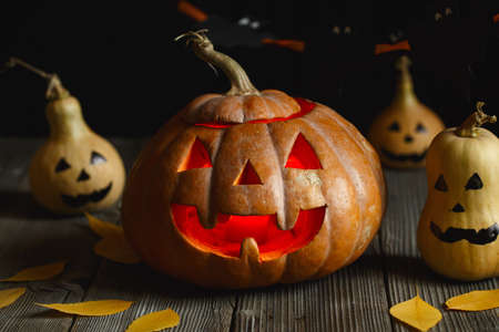 Halloween design with pumpkins. Horrible symbol of Halloween - Jack-o-lantern. Scary head of pumpkin with flame and a few small painted gourds. Glowing face, trick or treat. Copy Space.の写真素材