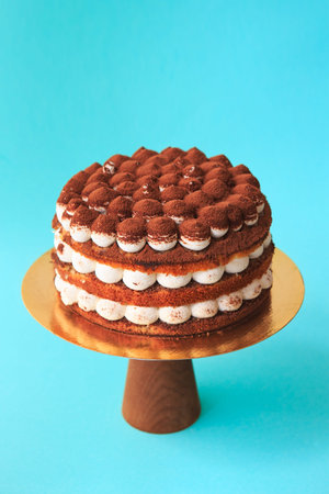Birthday cake on the wooden cake stand. Beautiful chocolate sponge cake with whipped cream garnished...