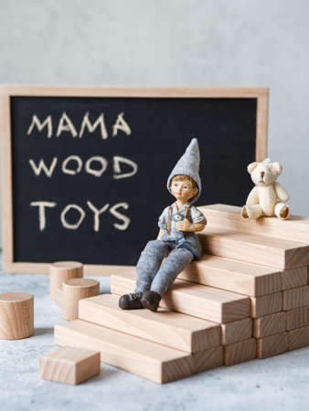 Wooden Toy Construction with ecologically wooden blocks manufactured from sustainable timbers. Wood elements for kids mental development and education. Montessori toysの写真素材