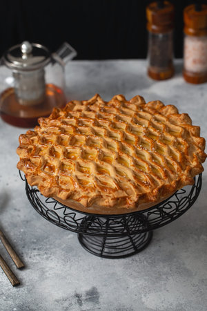 English meat pie. Porkpie. Traditional British pie. Freshly baked homemade savory pies with golden...