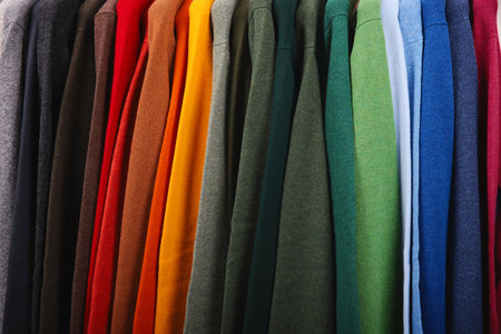 Warm sweaters. Autumn, winter clothes. Metal rack with various sweaters on hangers placed in modern fashion boutique. light industryの写真素材