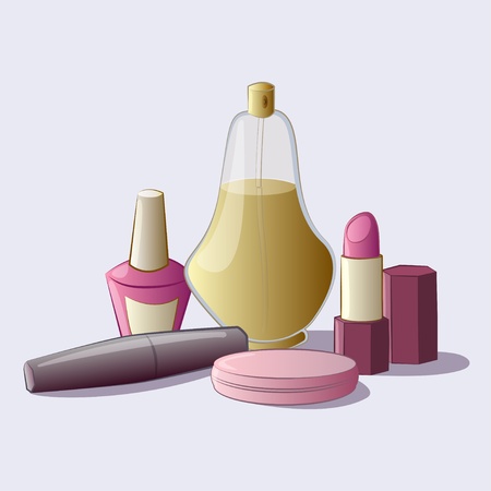Cosmetics set  mascara, powder, nail polish, perfume, lipstick - vector illustrationのイラスト素材