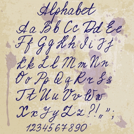 hand-written alphabet on old paper with blots - vector illustrationのイラスト素材