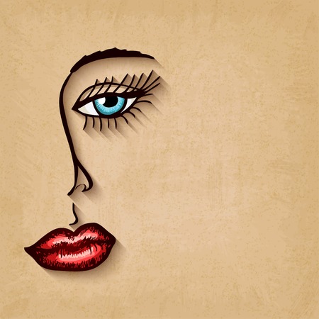 woman face blue eyes red lips on old background - vector illustration. のイラスト素材