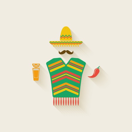 Mexican man with tequila and chili pepperのイラスト素材