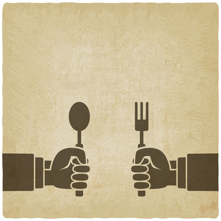 Menu old background. Hands with fork and spoonのイラスト素材