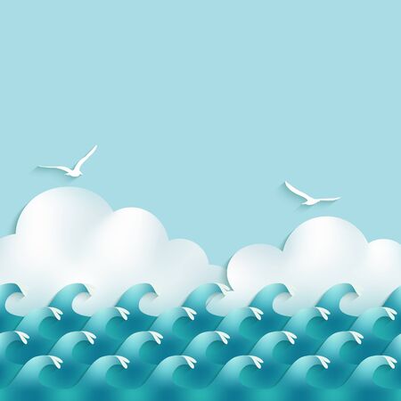 sea background with waves, clouds and seagulls. vector illustration  のイラスト素材