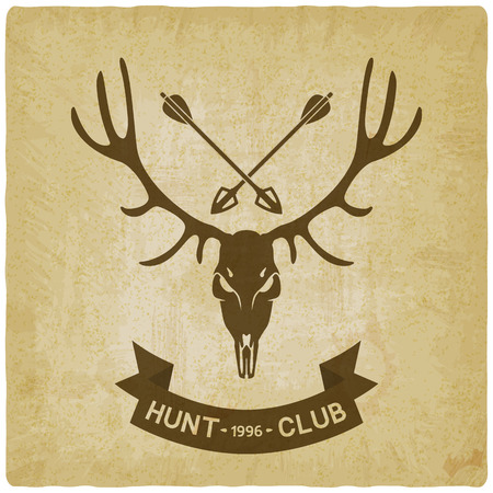 deer skull silhouette on crossed hunting arrows old background. hunting club design. vector illustrationのイラスト素材
