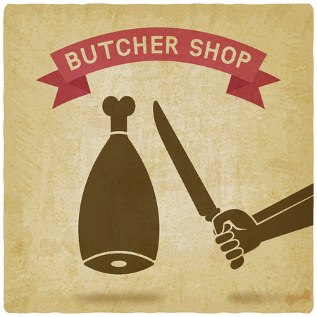 butcher cuts meat old background. butcher shop concept design.のイラスト素材
