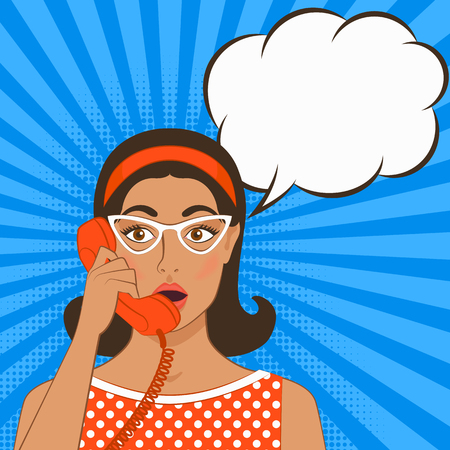 Girl with telephone handset on comic book background in retro style. vector illustration -のイラスト素材