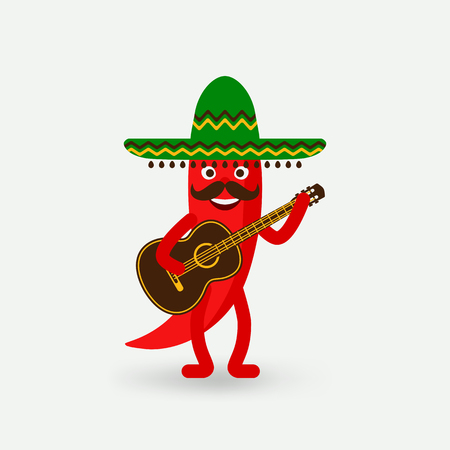 chili pepper with guitar in sombreroのイラスト素材