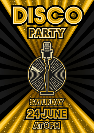 Microphone and vinyl record on black and golden background. Party poster in retro styleのイラスト素材