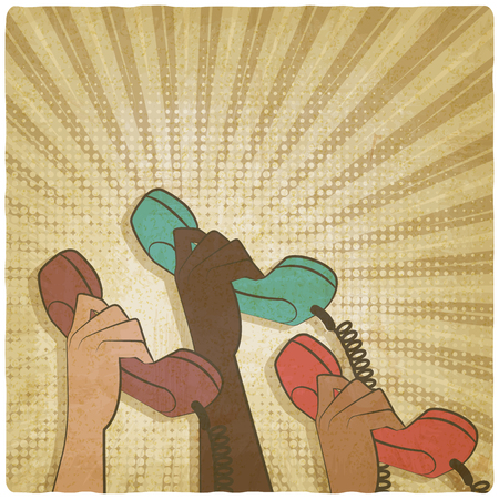 hands with handset on dots vintage background. vector illustrationのイラスト素材