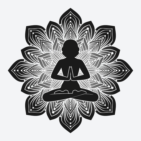 silhouette of girl in yoga pose on flower background. vector illustrationのイラスト素材