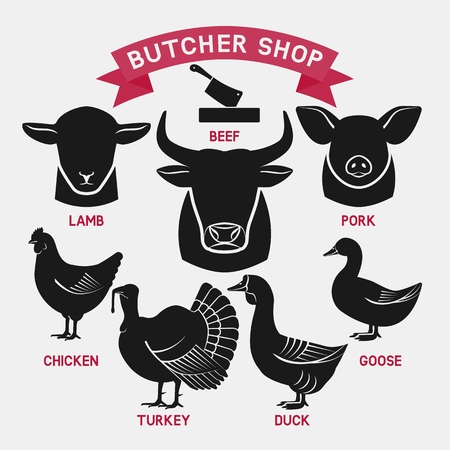 silhouettes of animals set. butcher shop icons. vector illustrationのイラスト素材