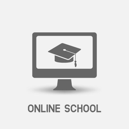 E-learning online school symbol, laptop monitor with graduation capl. vector illustrationのイラスト素材