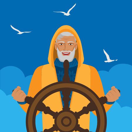 Fisherman at helm against cloudy sky and seagulls. Vector illustrationのイラスト素材