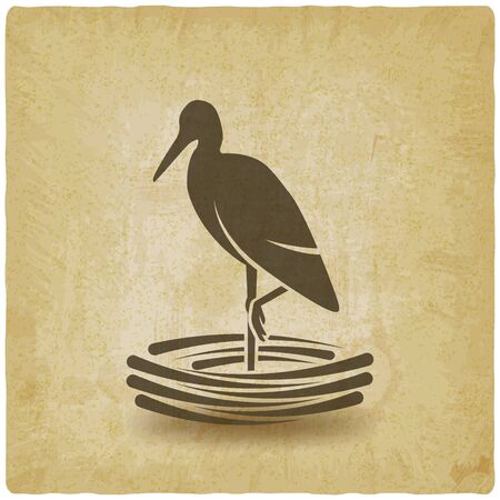 Stork stands on one leg in nest vintage background. Vector illustrationのイラスト素材