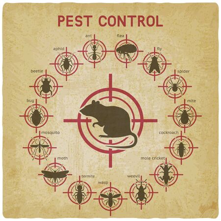 Pest Control icons set on red target vintage background. Vector illustrationのイラスト素材