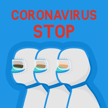 Doctors in protective suits on blue backgroundのイラスト素材