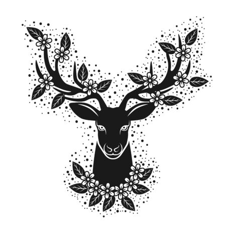 Deer head silhouette in blooming flowers. Design for t-shirtのイラスト素材