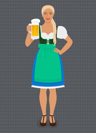 Girl in Traditional Bavarian folk costume dirndl with beer. Vector Illustrationのイラスト素材