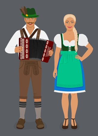 Bavarian man in lederhosen with accordion and girl in Dirndl. Vector Illustrationのイラスト素材