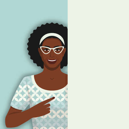 Smiling retro black woman points at blank poster. Vector illustrationのイラスト素材