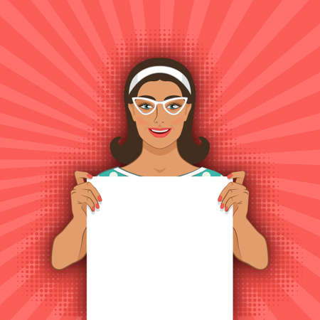 Smiling retro woman with blank poster. Vector illustrationのイラスト素材